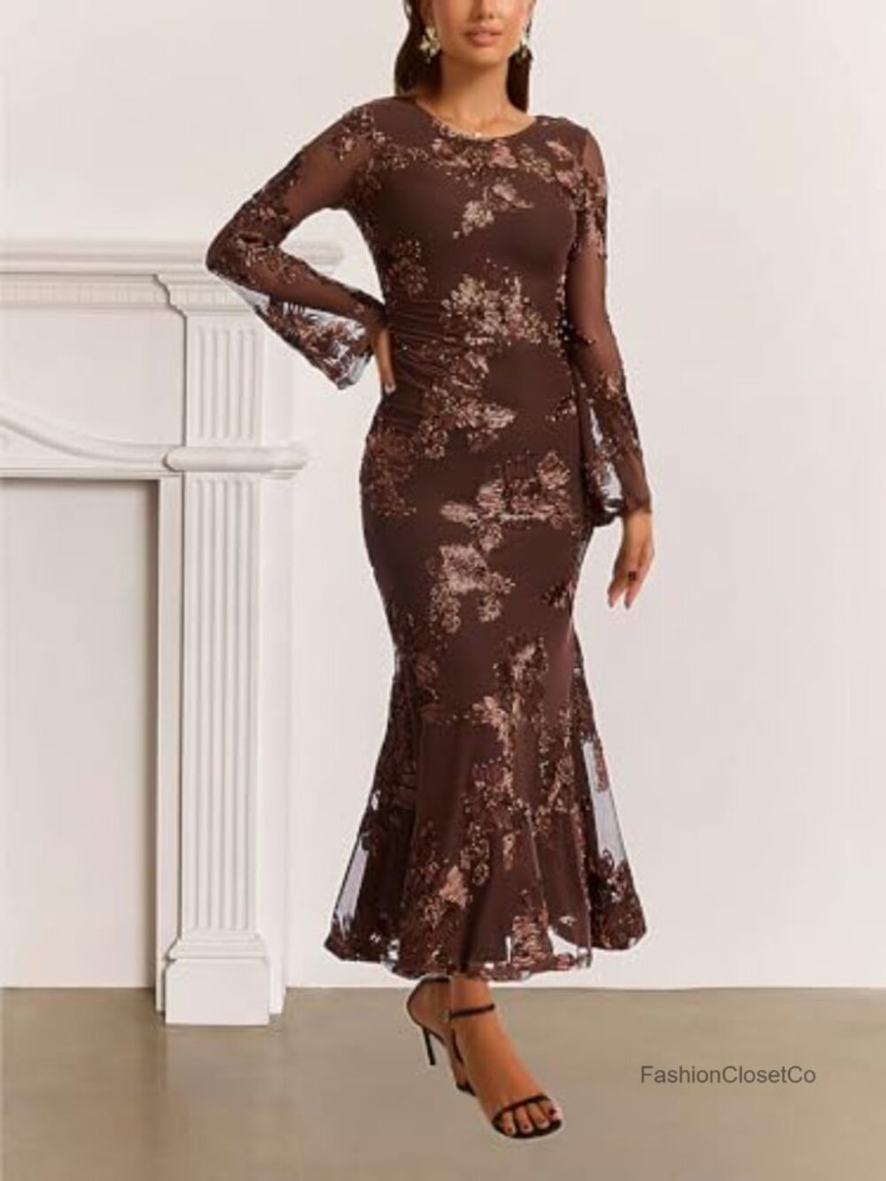 Long Sleeve Embroidered Mesh Maxi Dress Formal Wedding Guest - Picture 5 of 6